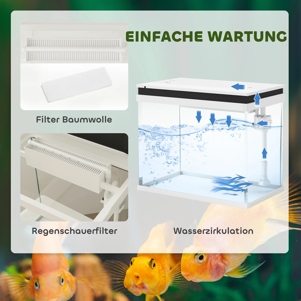 PawHut akvariumas, 41 litro stiklinis akvariumas su filtravimo sistema, LED apšvietimu, vandens siurbliu, kompaktiškas akvariumas įvairių rūšių žuvims, baltas