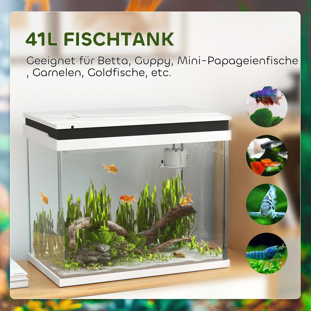 PawHut akvariumas, 41 litro stiklinis akvariumas su filtravimo sistema, LED apšvietimu, vandens siurbliu, kompaktiškas akvariumas įvairių rūšių žuvims, baltas