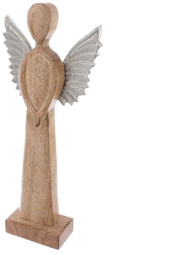 Angelo figūrėlė iš mangmedžio su metaliniais sparnais, ruda ir sidabrinė, 14 × 5 × 32 cm