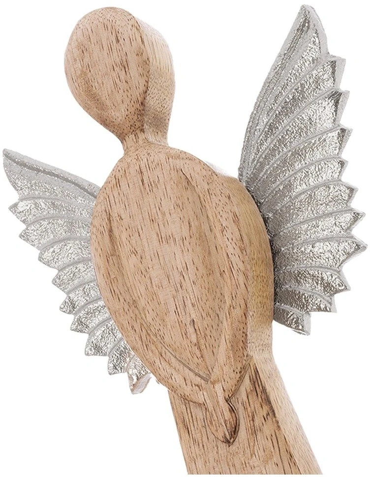 Angelo figūrėlė iš mangmedžio su metaliniais sparnais, ruda ir sidabrinė, 14 × 5 × 32 cm