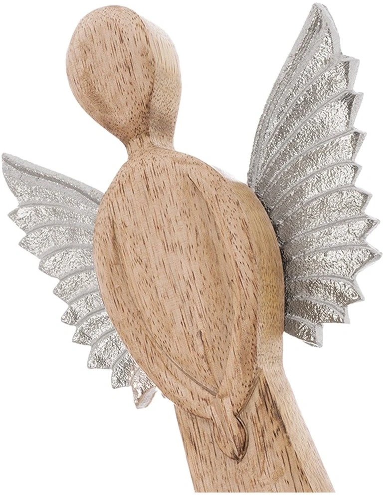 Angelo figūrėlė iš mango medienos su metaliniais sparnais, ruda, 16,5 × 5 × 42,5 cm