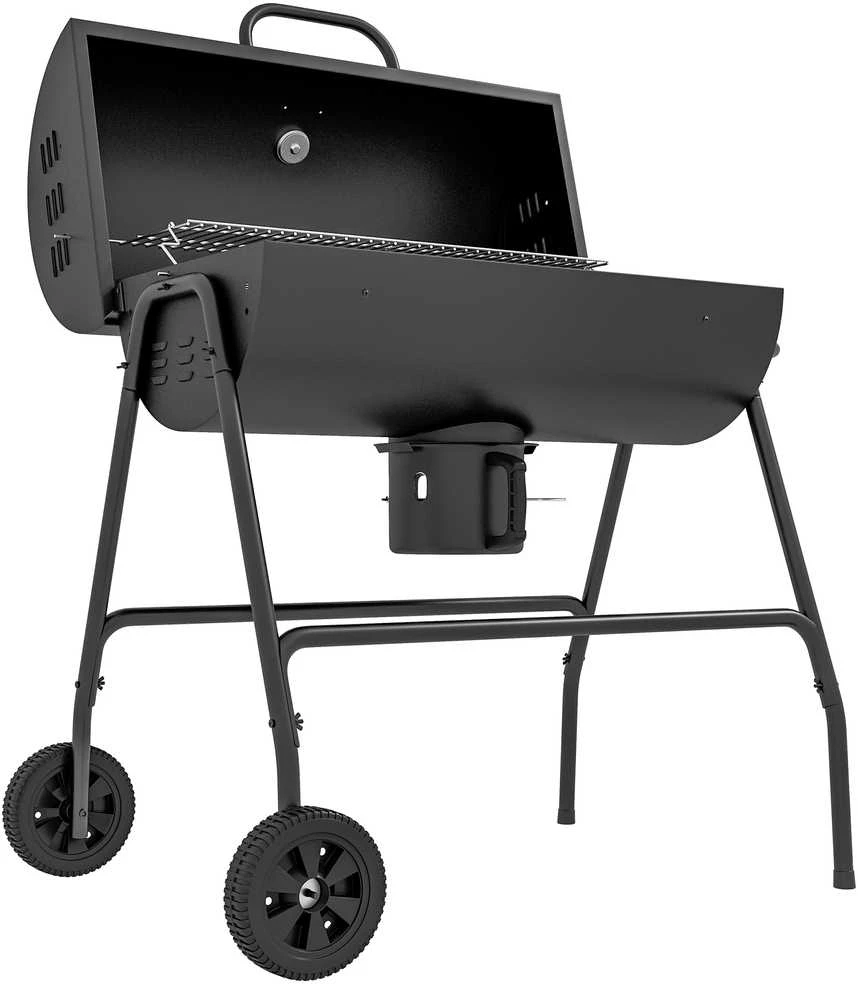 Outsunny metalinis anglies grilis, BBQ rūkykla su dangčiu, termometru, ratukais ir reguliuojama anglių talpykla, kilnojamas anglies grilis, kepsninė stovyklavimui, terasai, 95x71,5x102 cm