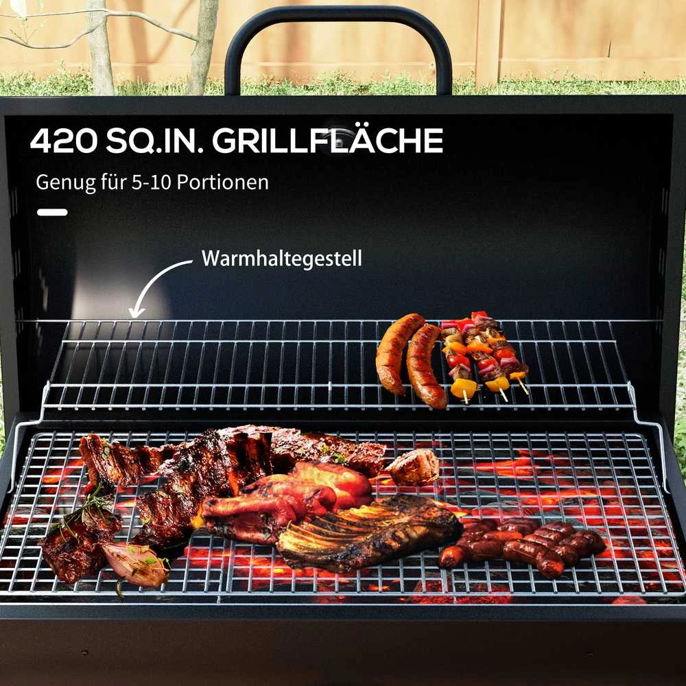 Outsunny metalinis anglies grilis, BBQ rūkykla su dangčiu, termometru, ratukais ir reguliuojama anglių talpykla, kilnojamas anglies grilis, kepsninė stovyklavimui, terasai, 95x71,5x102 cm