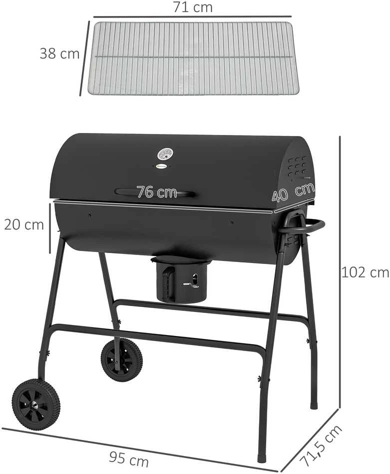 Outsunny metalinis anglies grilis, BBQ rūkykla su dangčiu, termometru, ratukais ir reguliuojama anglių talpykla, kilnojamas anglies grilis, kepsninė stovyklavimui, terasai, 95x71,5x102 cm