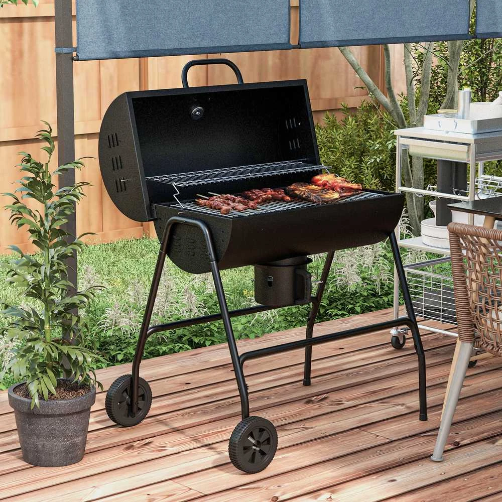 Outsunny metalinis anglies grilis, BBQ rūkykla su dangčiu, termometru, ratukais ir reguliuojama anglių talpykla, kilnojamas anglies grilis, kepsninė stovyklavimui, terasai, 95x71,5x102 cm