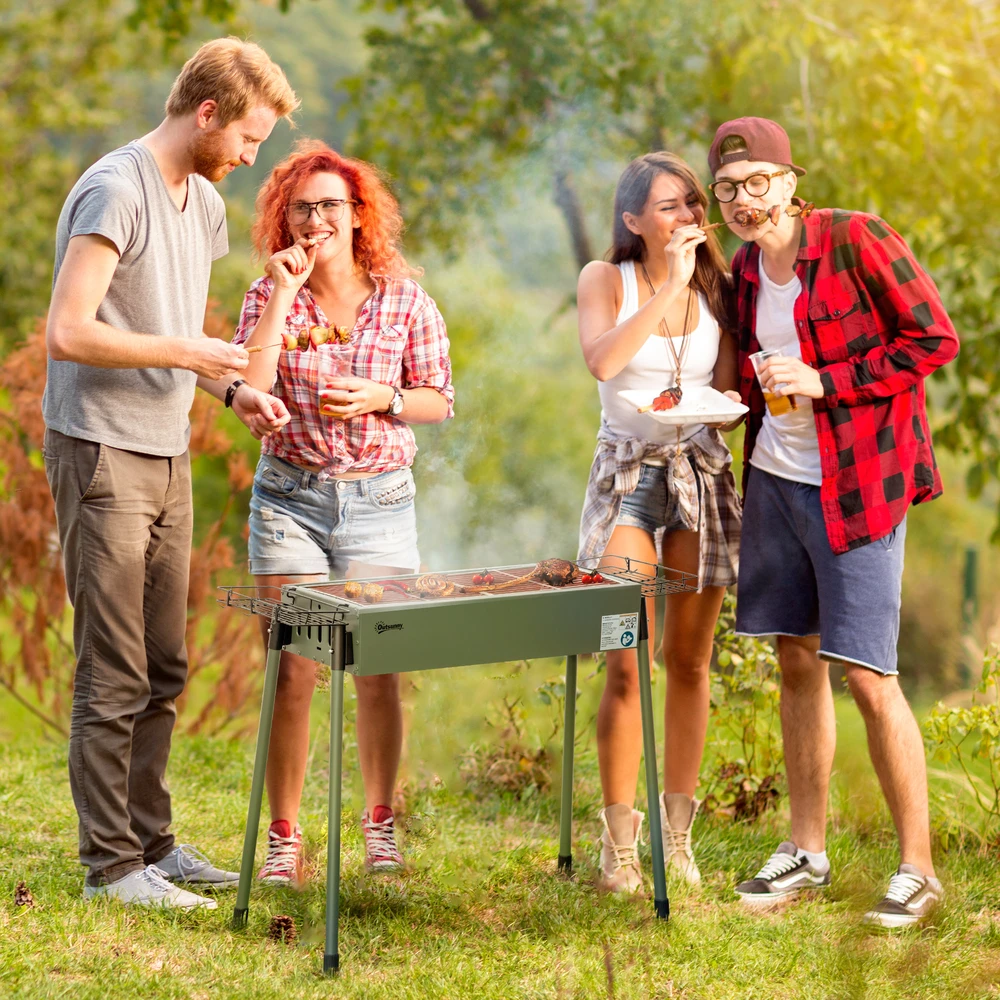 "Outsunny" medžio anglių kepsninė, stovyklavietės kepsninė su grotelėmis, grotelių spaustukas, šoniniai krepšeliai, nerūdijantis plienas + cinkuotas metalas, tamsiai žalia