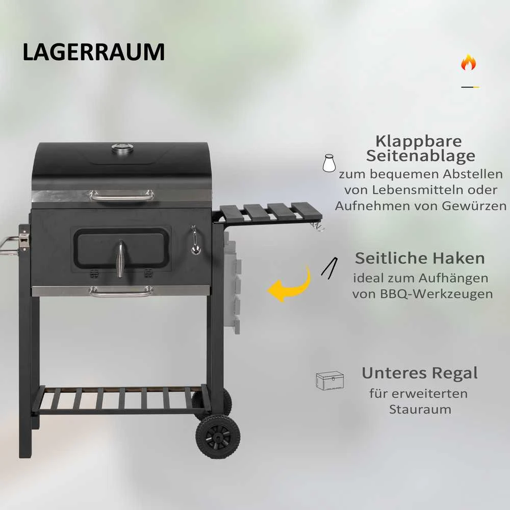Outsunny kepsninė ant ratukų, medžio anglies grilis, BBQ pastatomas grilis, nerūdijantis plienas, juoda, 113x65x108 cm