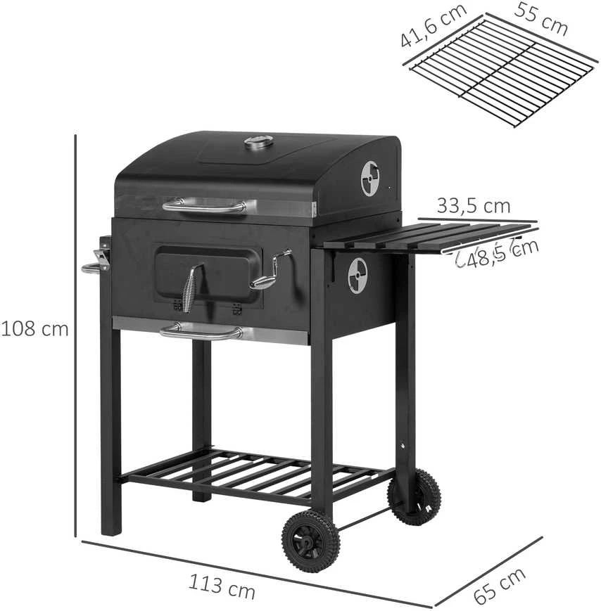 Outsunny kepsninė ant ratukų, medžio anglies grilis, BBQ pastatomas grilis, nerūdijantis plienas, juoda, 113x65x108 cm