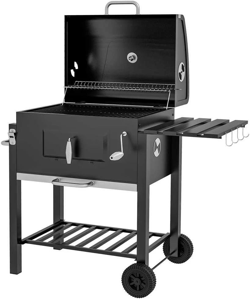Outsunny kepsninė ant ratukų, medžio anglies grilis, BBQ pastatomas grilis, nerūdijantis plienas, juoda, 113x65x108 cm