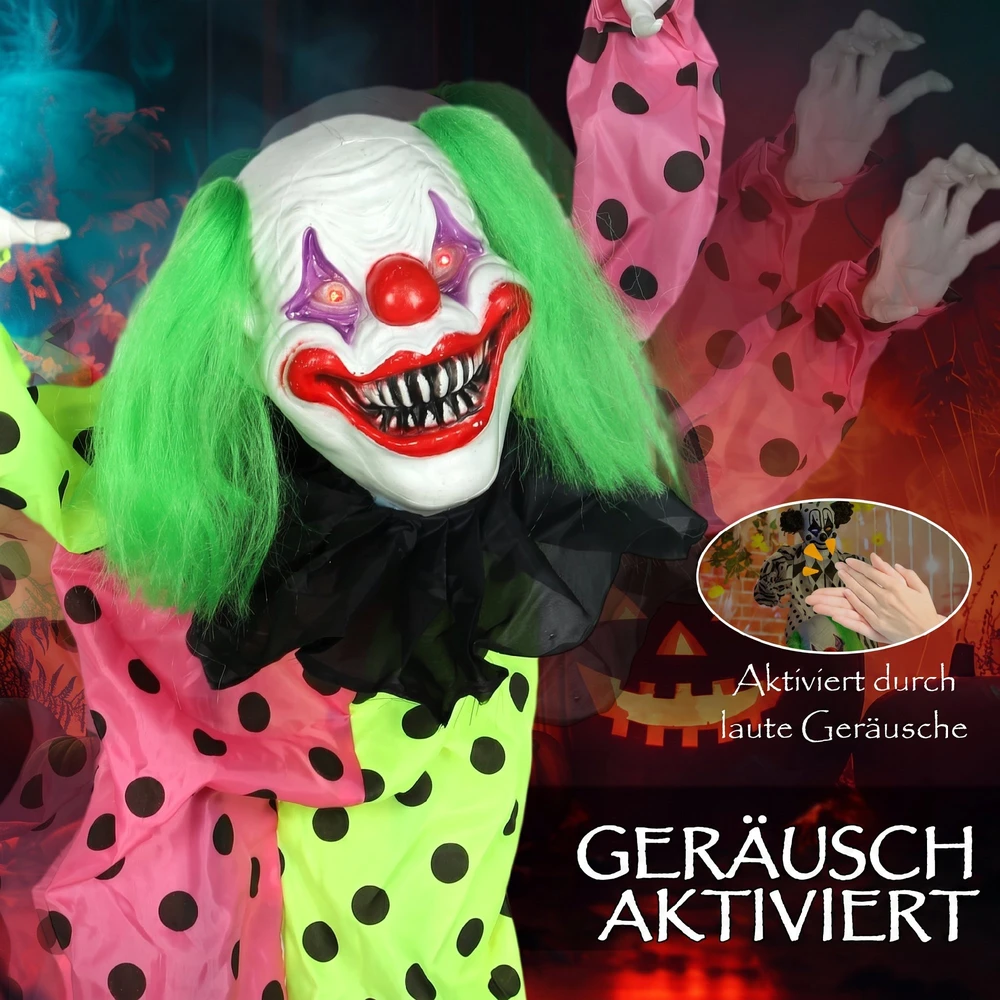 Animatroninė Helovino dekoracija su 3 klounais, įvairiaspalvė, 40 × 35 × 180 cm