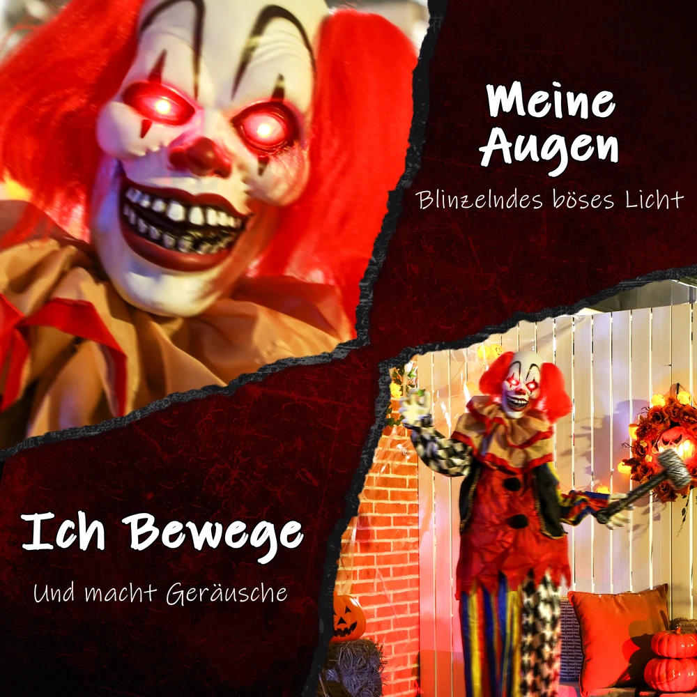 Animatroninė Helovino klouno figūra su garso aktyvacija ir judančia galva bei rankomis, daugiaspalvė, 90 x 18 x 173 cm