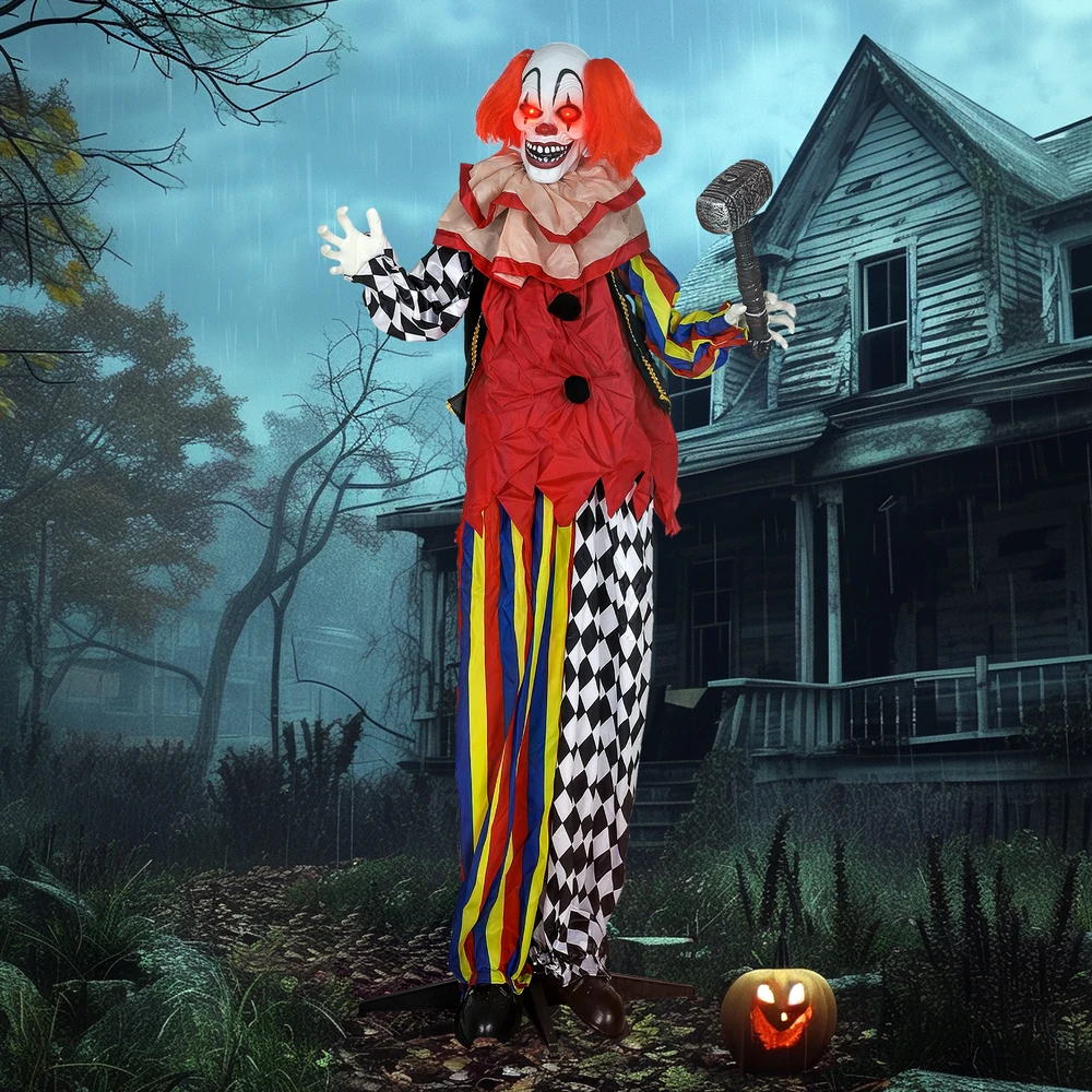 Animatroninė Helovino klouno figūra su garso aktyvacija ir judančia galva bei rankomis, daugiaspalvė, 90 x 18 x 173 cm