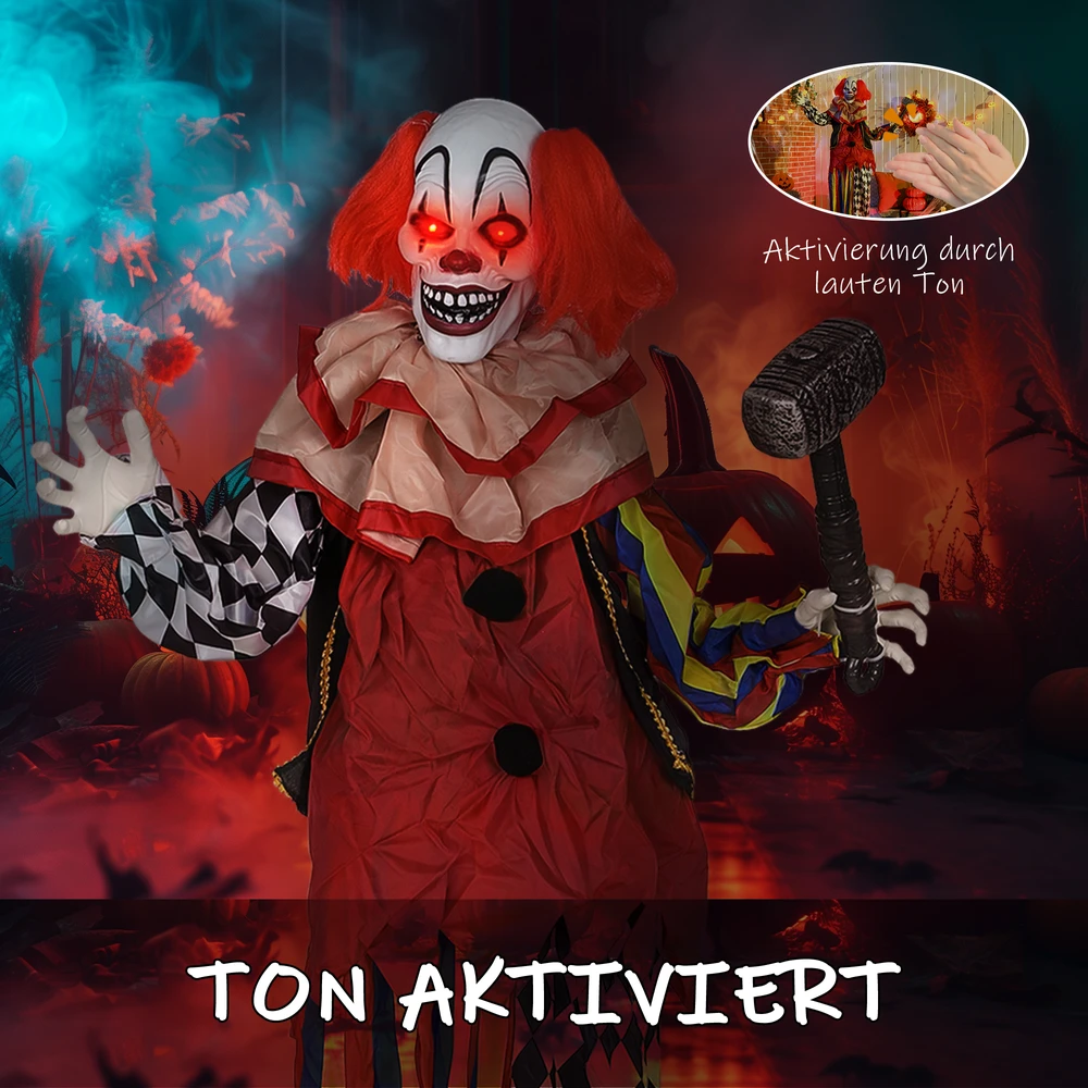 Animatroninė Helovino klouno figūra su garso aktyvacija ir judančia galva bei rankomis, daugiaspalvė, 90 x 18 x 173 cm