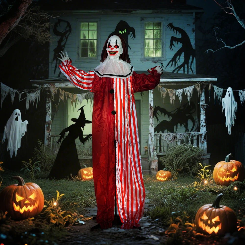 Outsunny Animatroninė klouno dekoracija su LED akimis ir garso aktyvinimu, raudona/balta, 70 × 16 × 165 cm