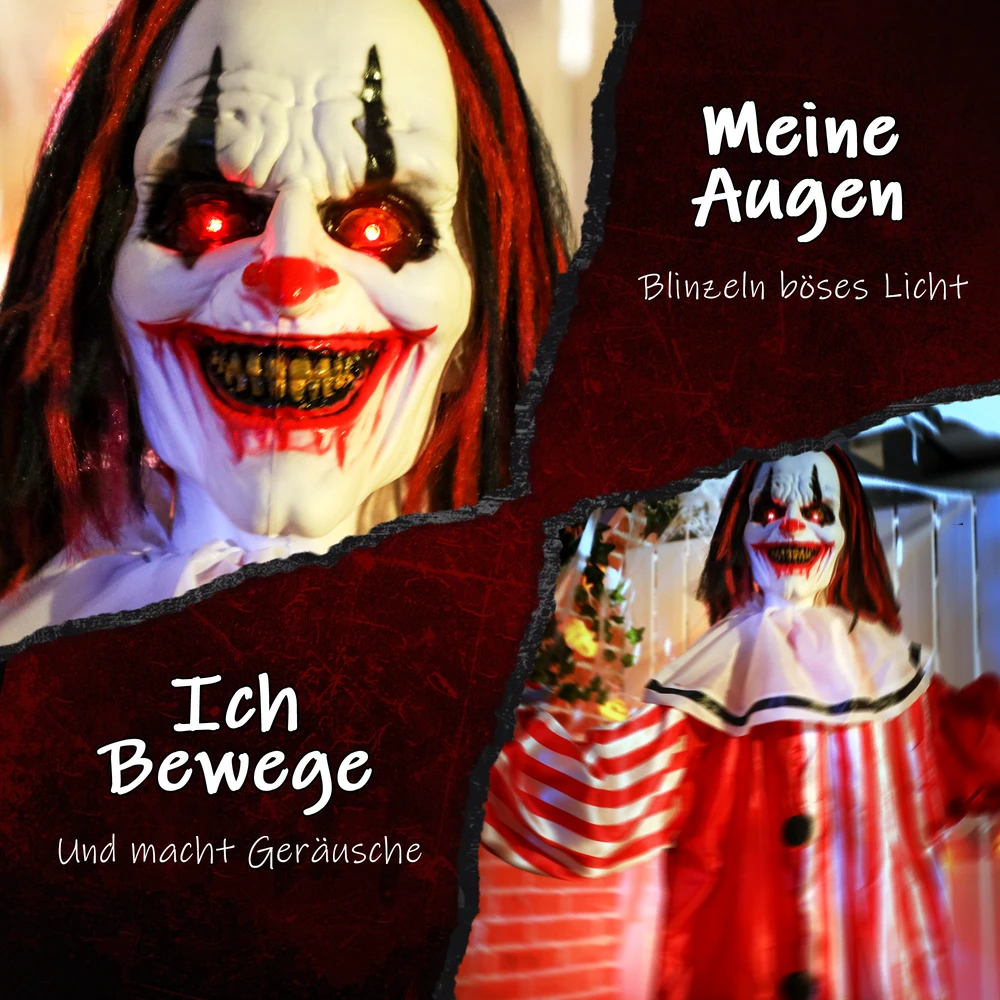 Outsunny Animatroninė klouno dekoracija su LED akimis ir garso aktyvinimu, raudona/balta, 70 × 16 × 165 cm