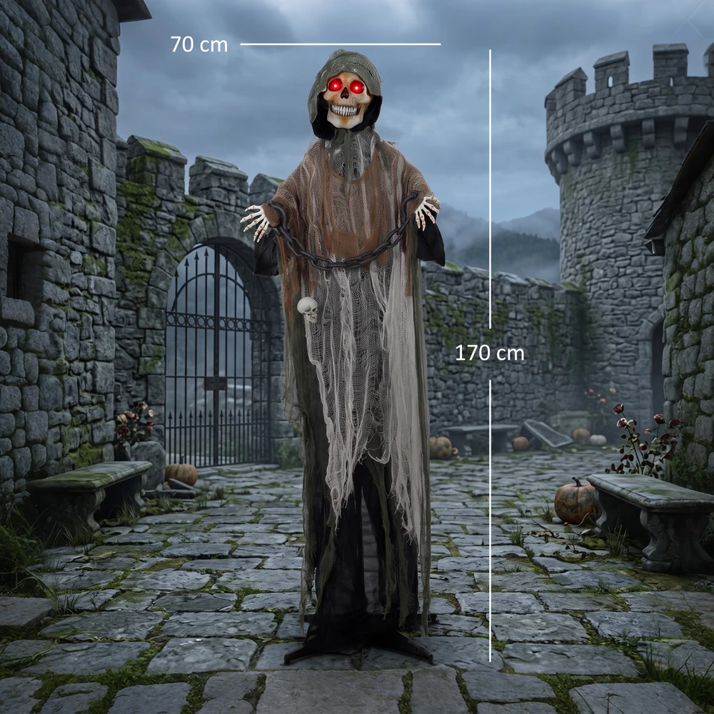 Animuota Helovino dekoracija su judančia galva ir rankomis, juoda, balta ir ruda, 70 × 18 × 170 cm