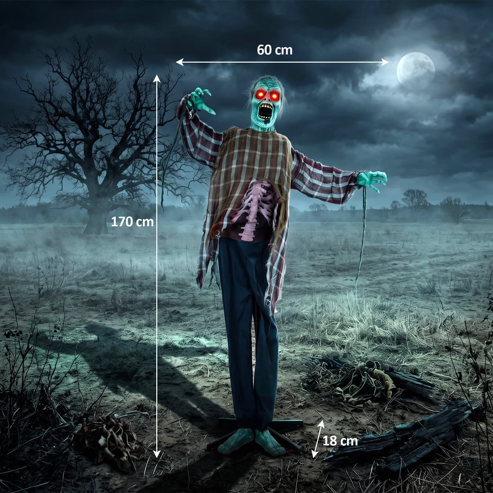 Animuota Helovino zombio figūra su garso ir lietimo aktyvavimu, raudona ir tamsiai mėlyna, 170 cm
