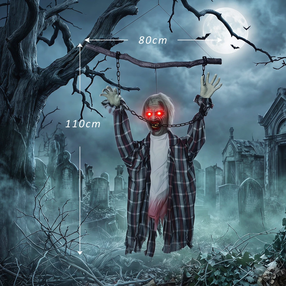 Animuota pakabinama zombio dekoracija su raudonomis LED akimis, pilka-raudona-balta, 110 cm