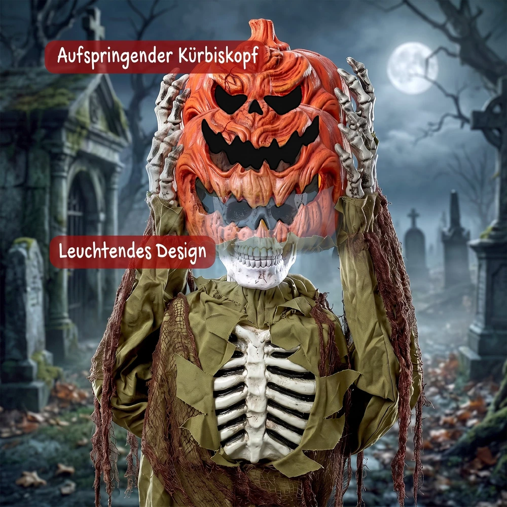 Animuotas iššokantis moliūgo skeletas su LED apšvietimu ir garso aktyvavimu, tamsiai žalias ir oranžinis, 50 × 20 × 173 cm