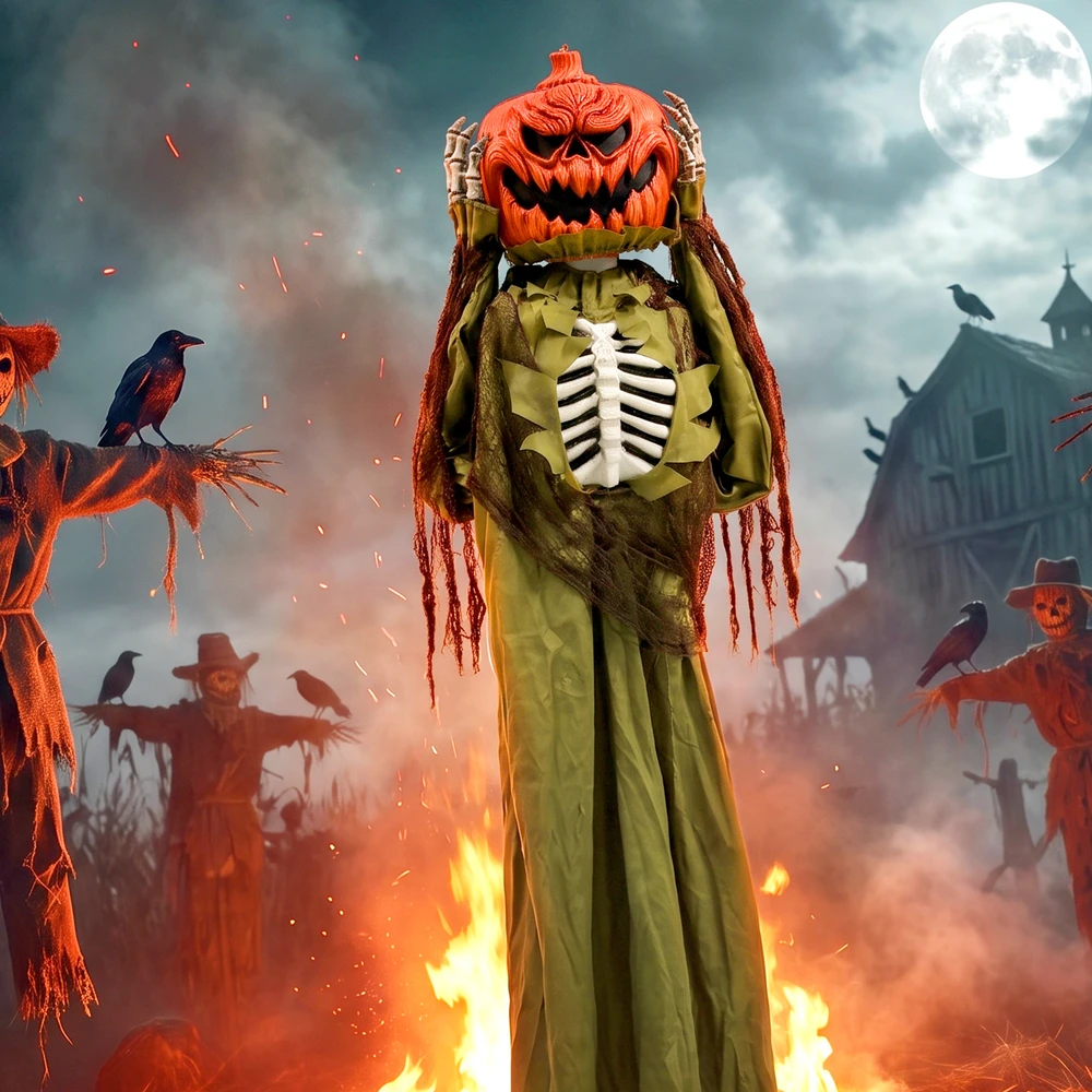 Animuotas iššokantis moliūgo skeletas su LED apšvietimu ir garso aktyvavimu, tamsiai žalias ir oranžinis, 50 × 20 × 173 cm