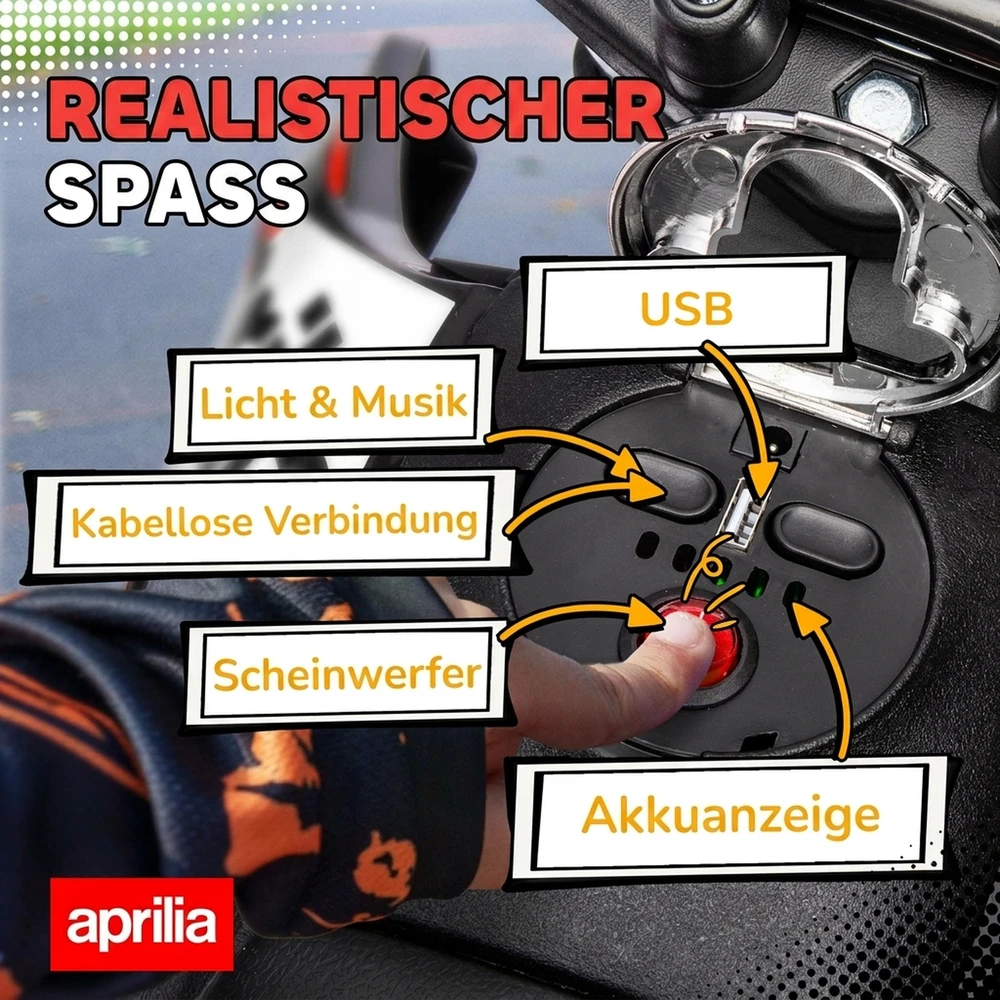 Aprilia licencijuotas vaikiškas elektromotociklas su 2 varikliais, raudonas, 106,5 × 56 × 80 cm