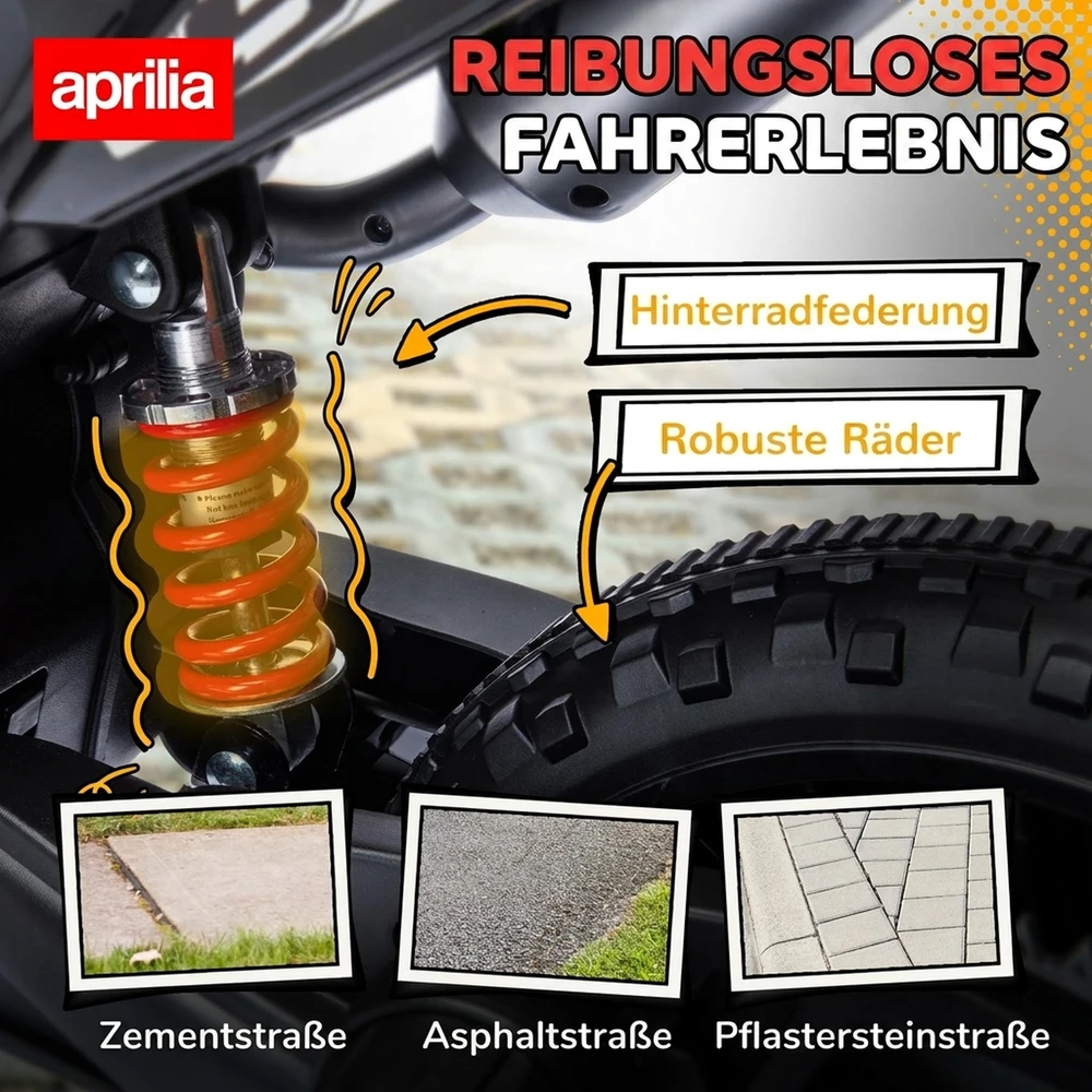 Aprilia licencijuotas vaikiškas elektromotociklas su 2 varikliais, raudonas, 106,5 × 56 × 80 cm