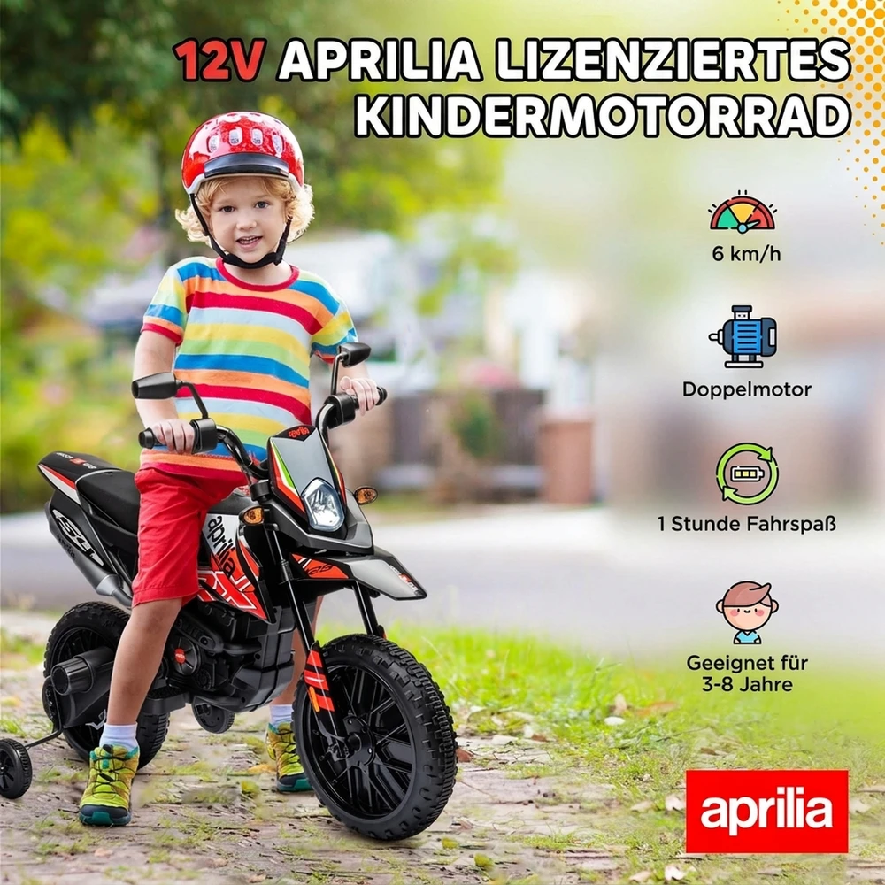 Aprilia licencijuotas vaikiškas elektromotociklas su 2 varikliais, raudonas, 106,5 × 56 × 80 cm