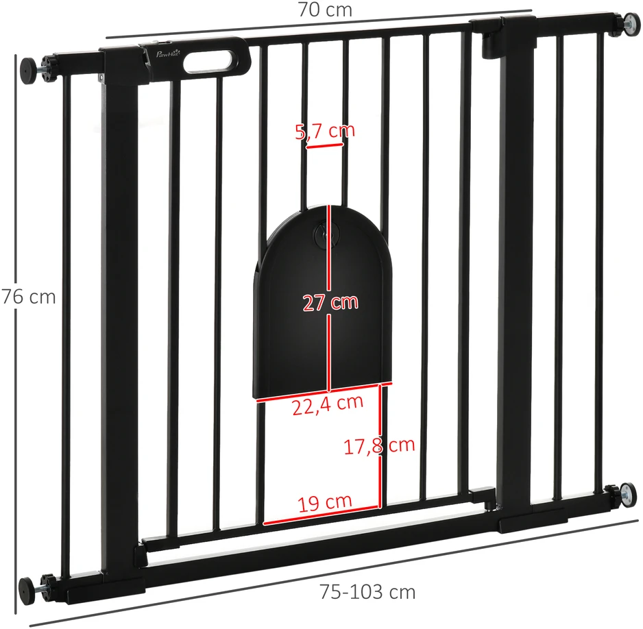 Apsauginiai varteliai gyvūnams su mažomis durelėmis ir automatiniu užsidarymu, juodi, 75–103 × 76 cm