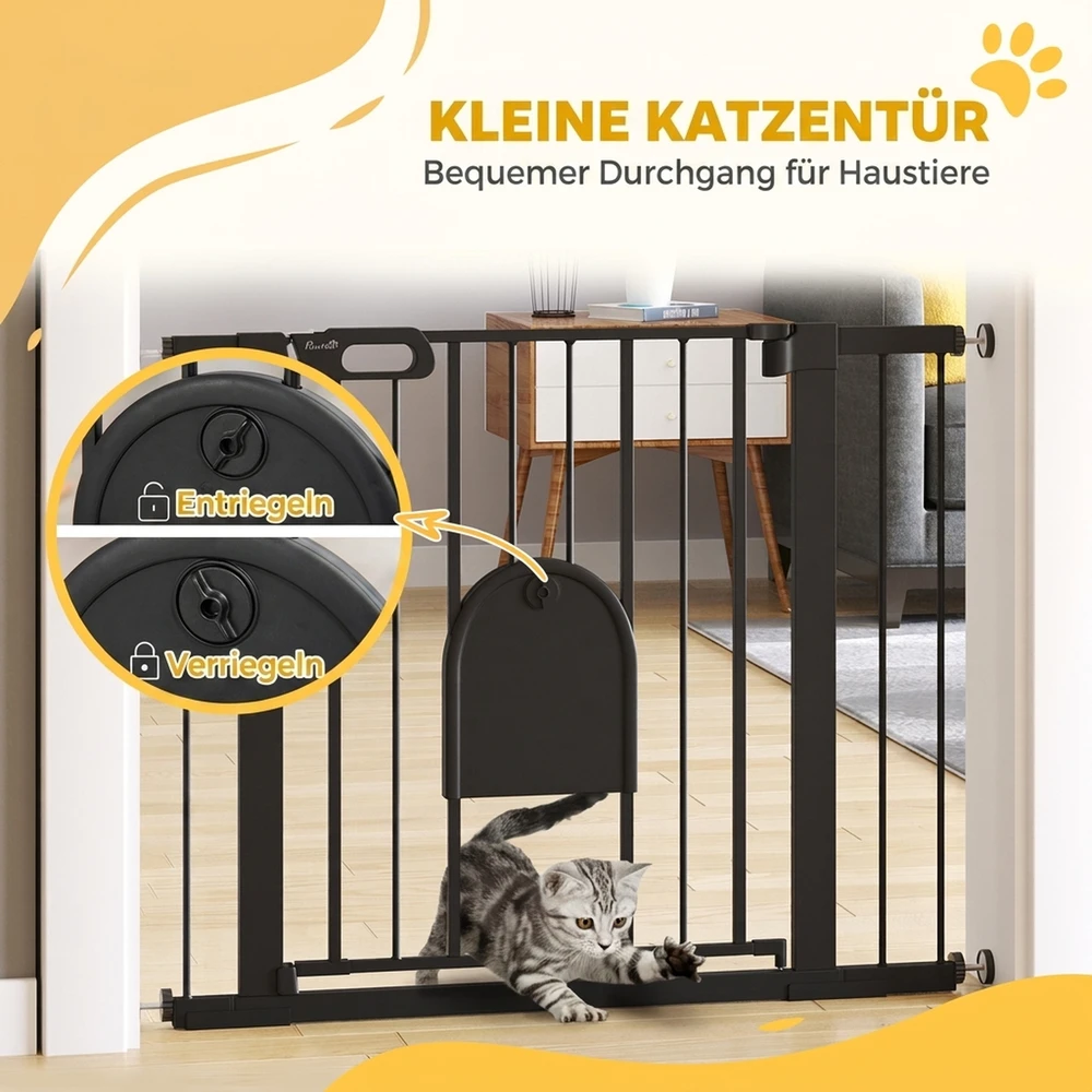 Apsauginiai varteliai gyvūnams su mažomis durelėmis ir automatiniu užsidarymu, juodi, 75–103 × 76 cm