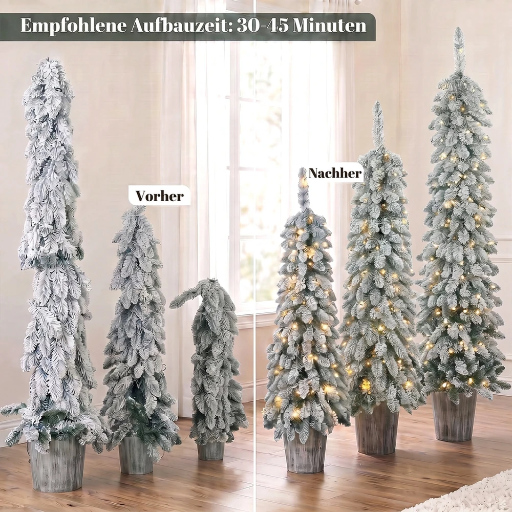 Apsnigtų dirbtinių kalėdinių eglučių rinkinys su šiltai baltu LED apšvietimu, žalias, 90–150 cm, 3 vnt.