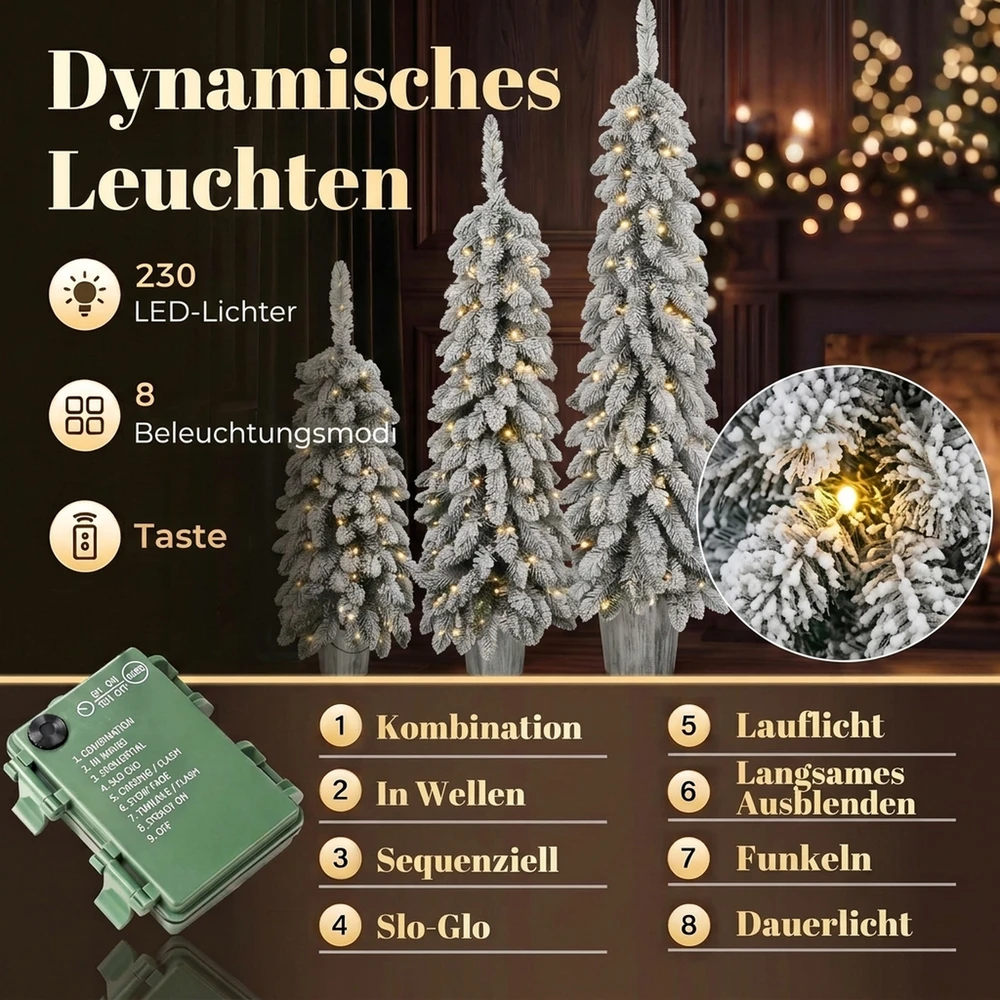 Apsnigtų dirbtinių kalėdinių eglučių rinkinys su šiltai baltu LED apšvietimu, žalias, 90–150 cm, 3 vnt.
