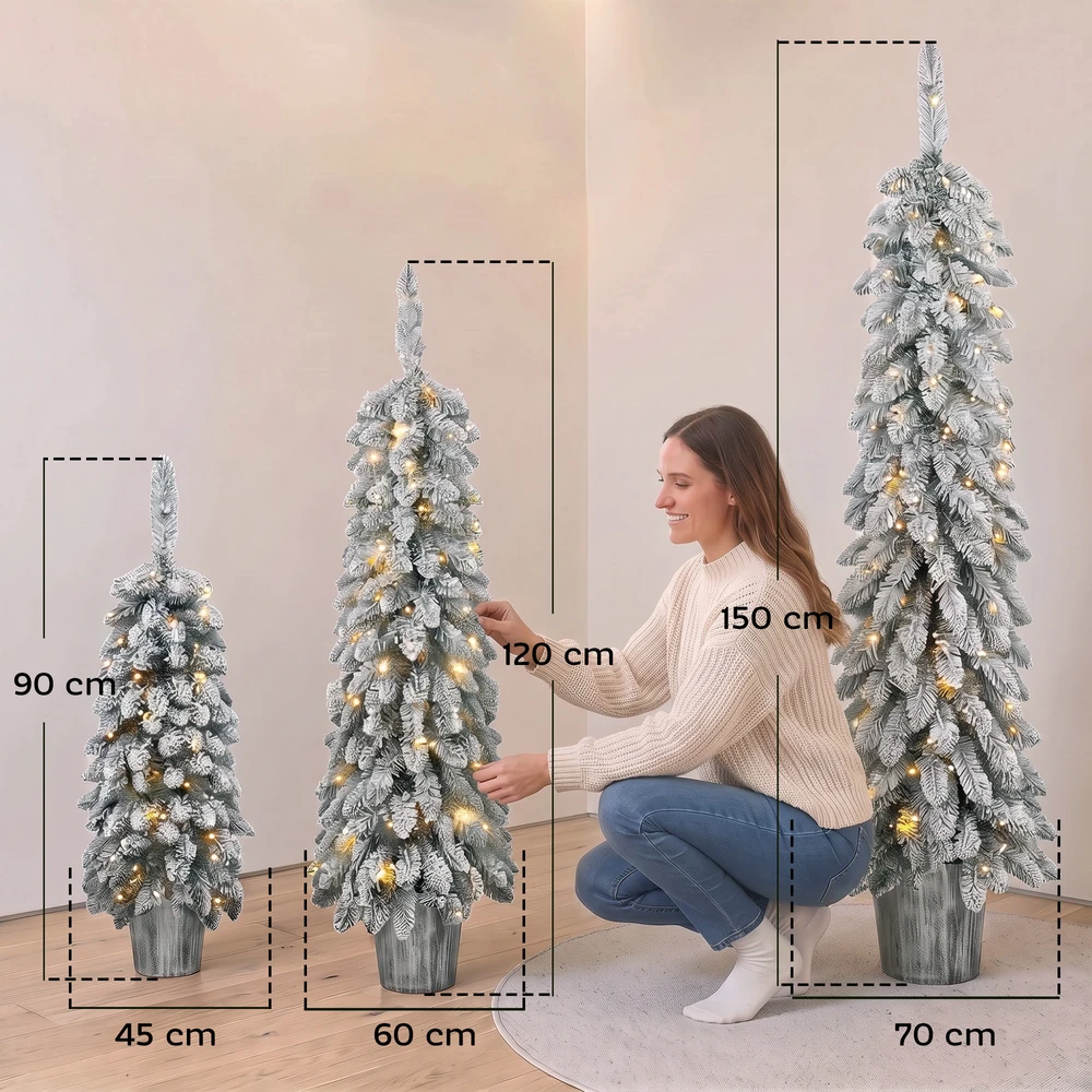 Apsnigtų dirbtinių kalėdinių eglučių rinkinys su šiltai baltu LED apšvietimu, žalias, 90–150 cm, 3 vnt.