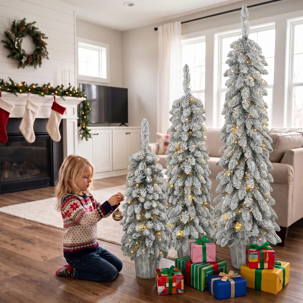 Apsnigtų dirbtinių kalėdinių eglučių rinkinys su šiltai baltu LED apšvietimu, žalias, 90–150 cm, 3 vnt.