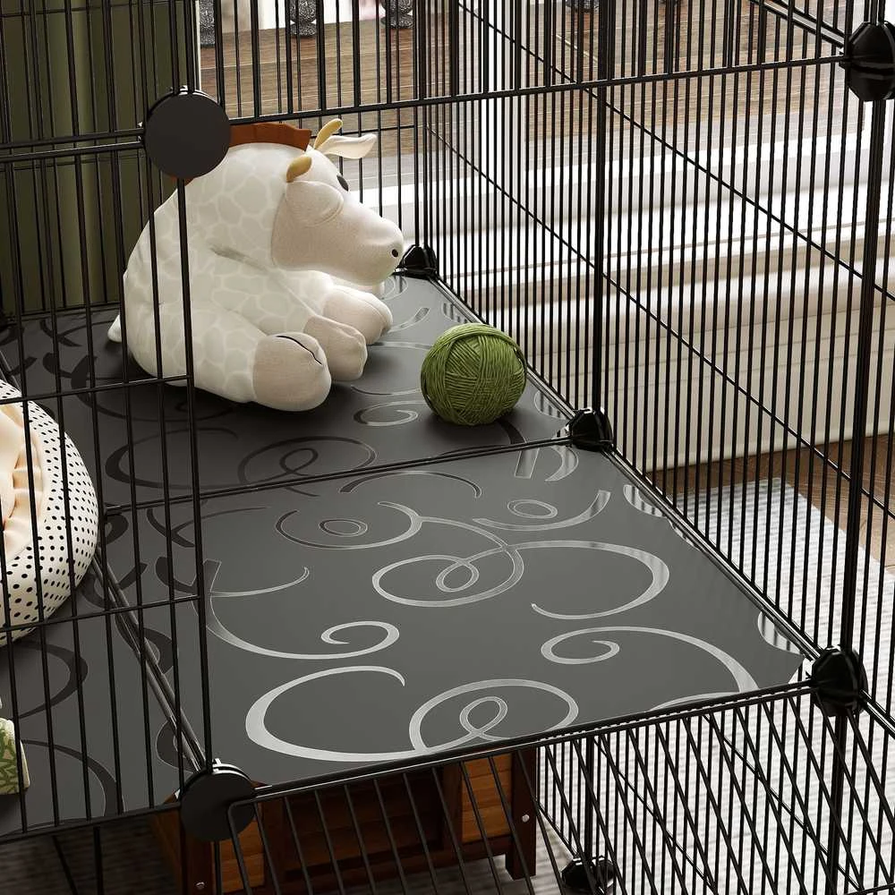 PawHut aptvaras smulkiems gyvūnams, 39 dalių narvas su rampa, DIY metalinis grotuotas aptvaras, atidaromas, juodas, 140 x 70 x 105 cm