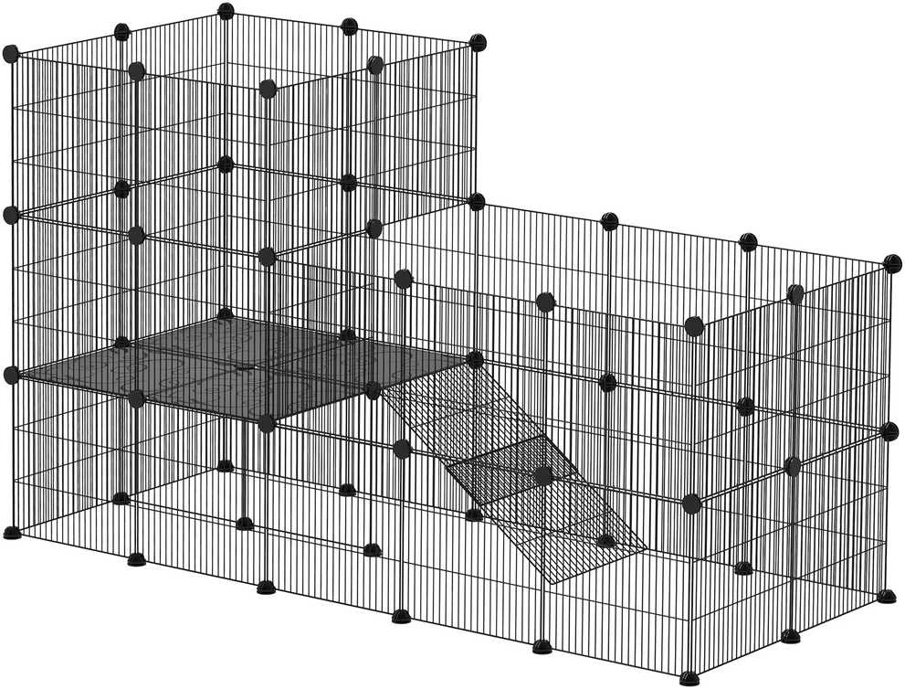 PawHut aptvaras smulkiems gyvūnams, 39 dalių narvas su rampa, DIY metalinis grotuotas aptvaras, atidaromas, juodas, 140 x 70 x 105 cm