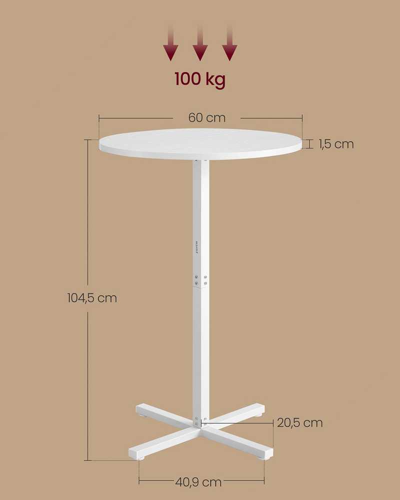 Songmics Vasagle Apvalus baro stalas 60 x 60 x 104,5 cm sniego baltumo