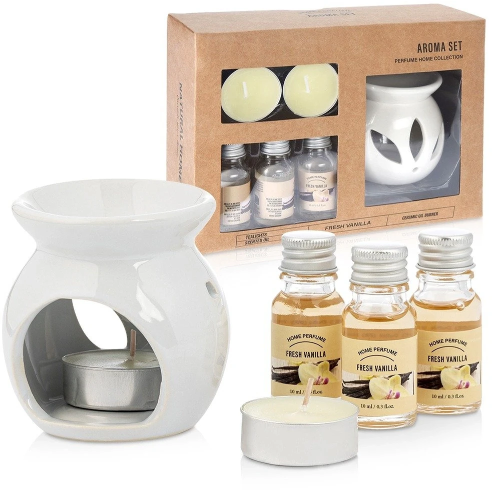 Aromatinės lempos rinkinys su 3 vanilės kvapo aliejais, baltas, 7,5 × 7,5 × 7,5 cm, 6 dalių
