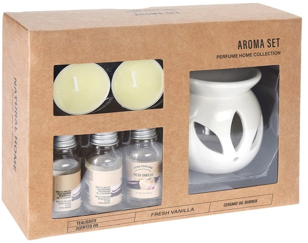 Aromatinės lempos rinkinys su 3 vanilės kvapo aliejais, baltas, 7,5 × 7,5 × 7,5 cm, 6 dalių