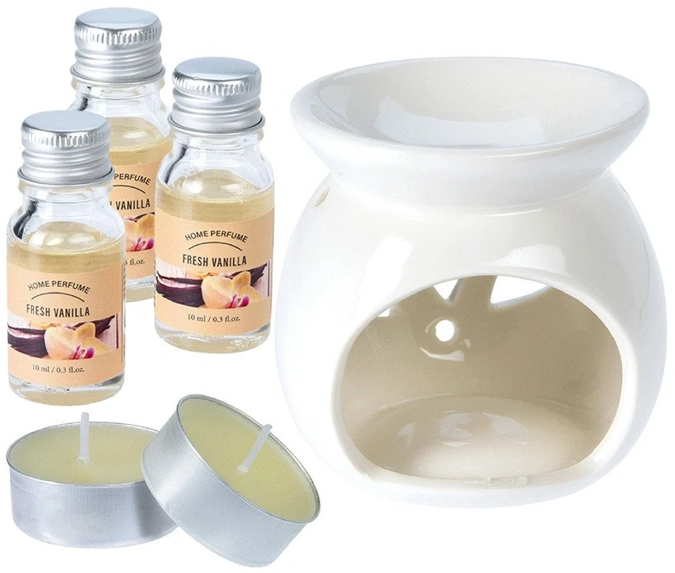Aromatinės lempos rinkinys su 3 vanilės kvapo aliejais, baltas, 7,5 × 7,5 × 7,5 cm, 6 dalių