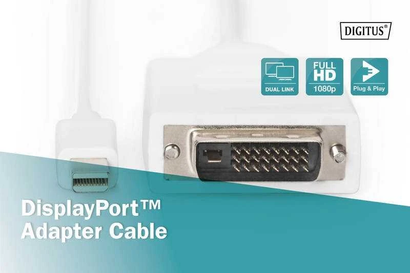 Assmann Electronic ASSMANN DisplayPort adapterio kabelis mini DP - DVI(24+1) M/M 2.0m DP 1.1a suderinamas su CE wh