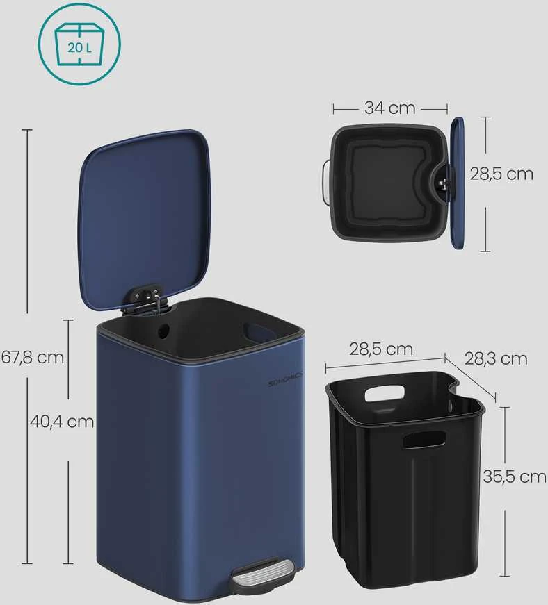 Songmics 20 litrų plieninė šiukšlių dėžė vidurnakčio mėlyna