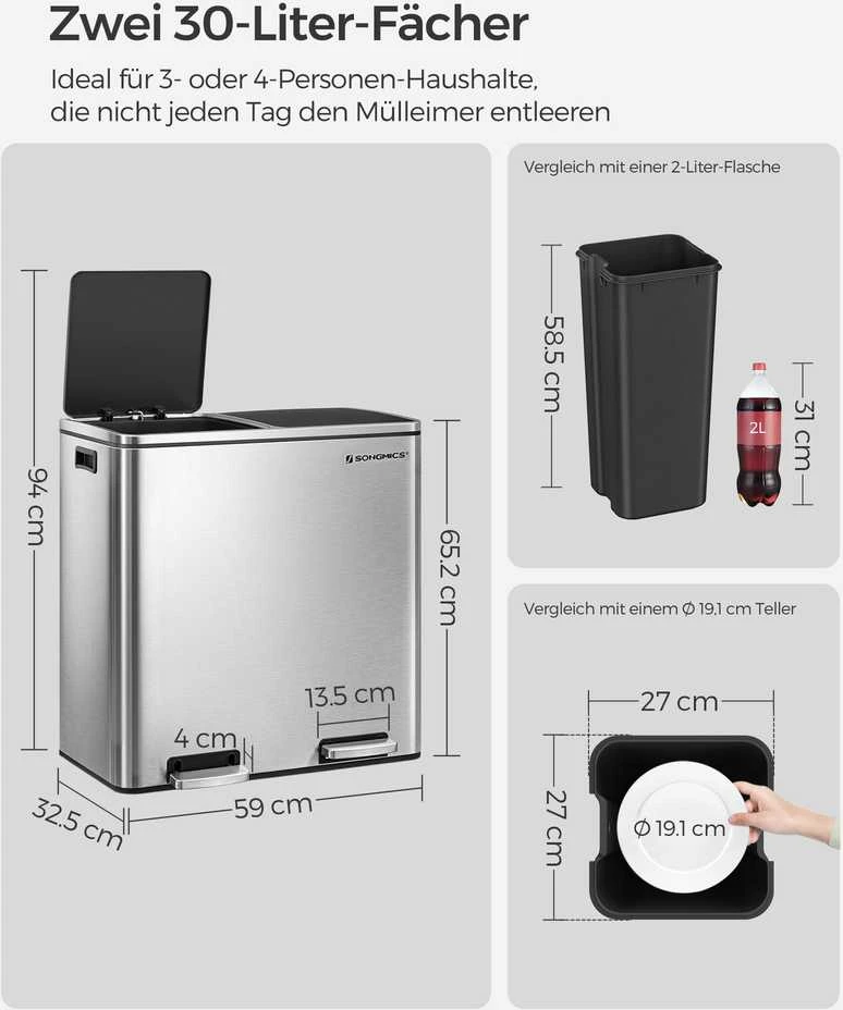 Songmics Atliekų separatorius 60 litrų ( 2 x 30 l)