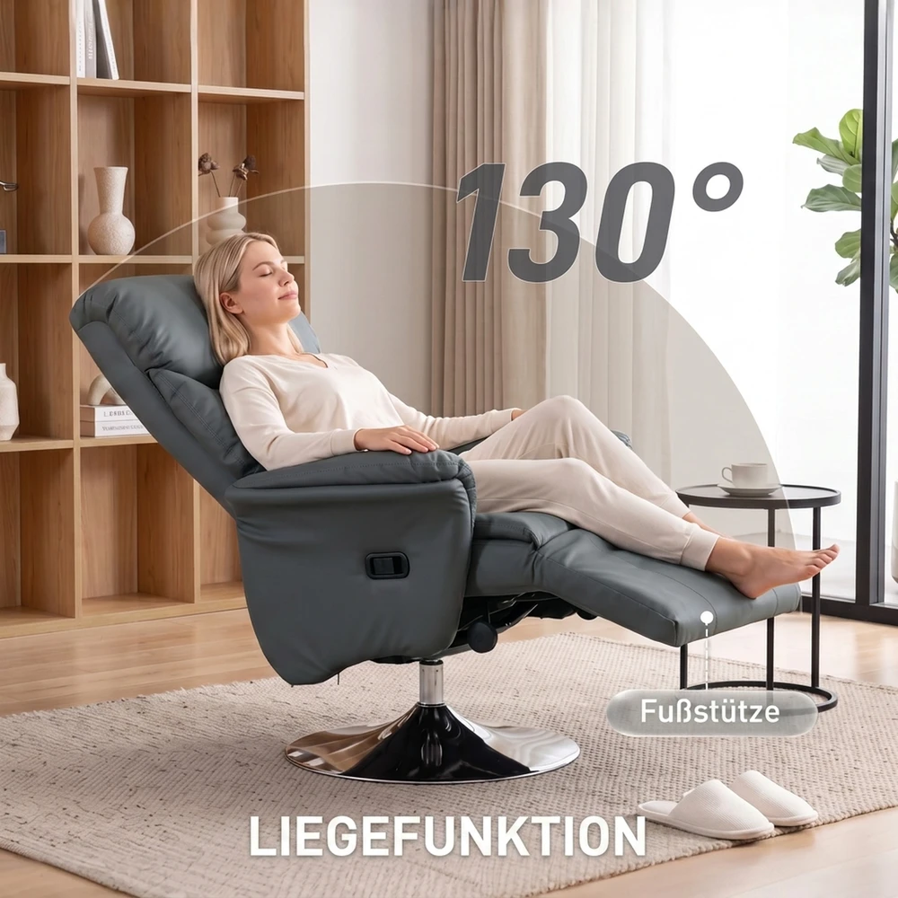 Atlošiamas fotelis su 130° atlošiama nugarėle ir 360° pasukimu, pilkas, 78 x 80 x 109 cm