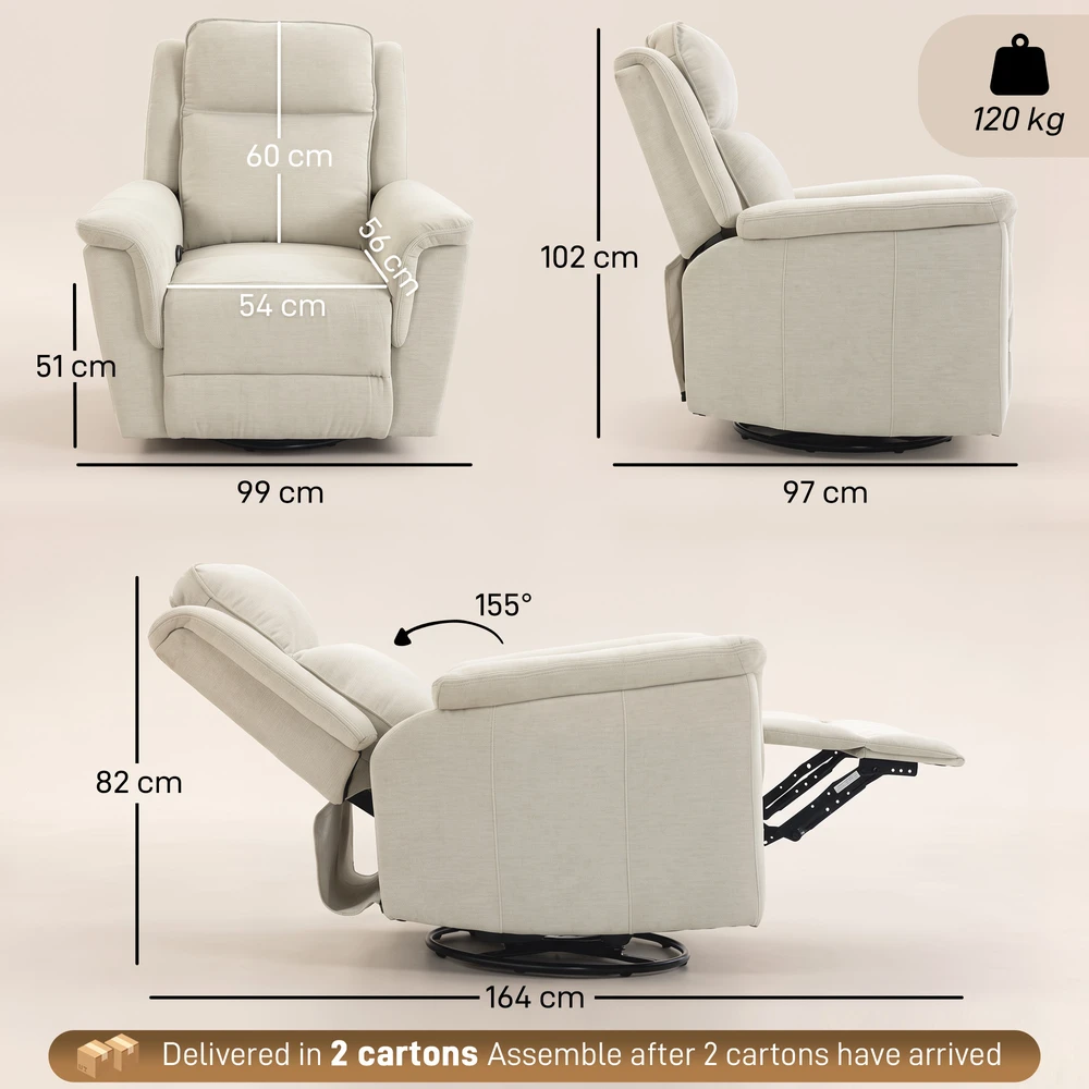Atlošiamas fotelis su 360° pasukimo ir supimo funkcijomis, kreminės baltos spalvos, 99 × 97 × 102 cm