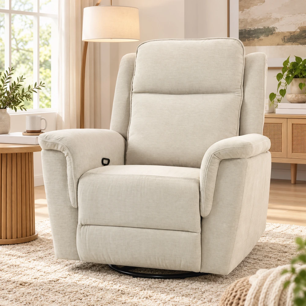 Atlošiamas fotelis su 360° pasukimo ir supimo funkcijomis, kreminės baltos spalvos, 99 × 97 × 102 cm