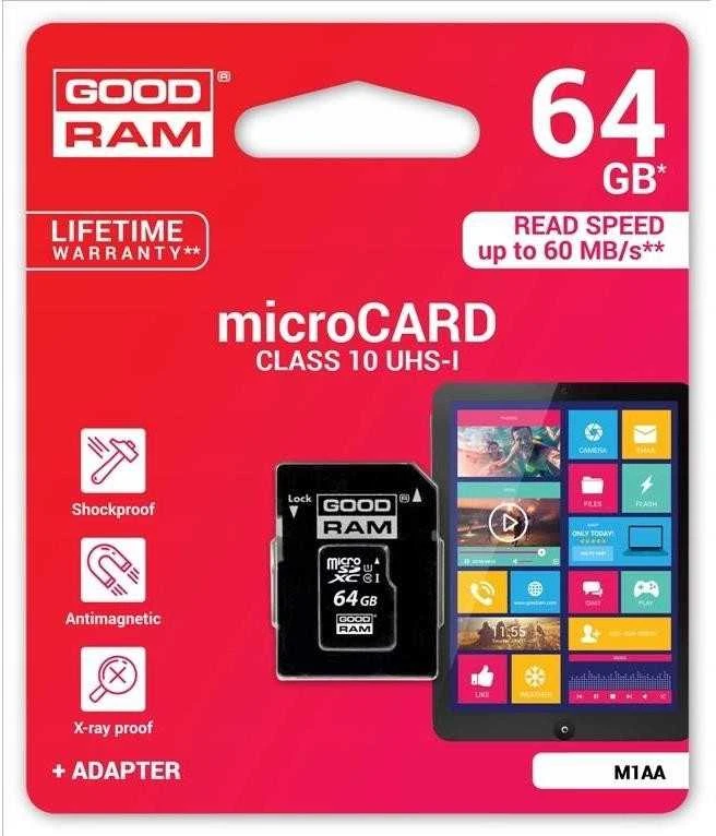 GoodRam Atminties kortelė Micro SDHC class 10 UHS I 64GB + adapteris
