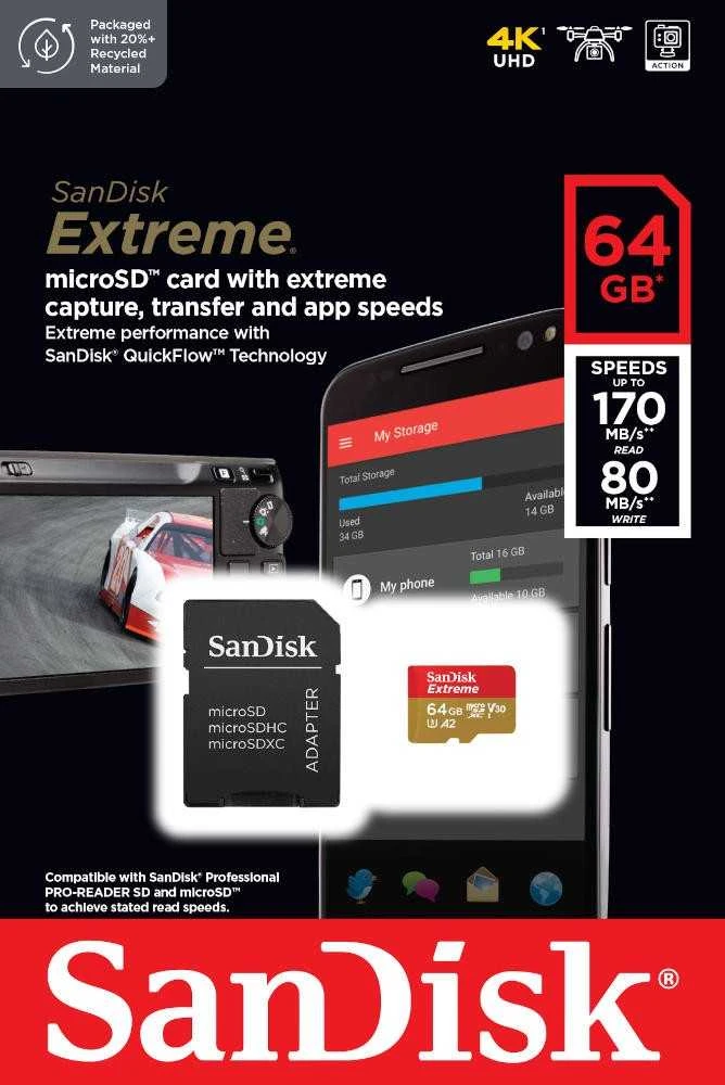 Atminties kortelė SanDisk microSDXC Extreme 64GB 170/80 MB/s A2 C10 V30 UHS-I U3