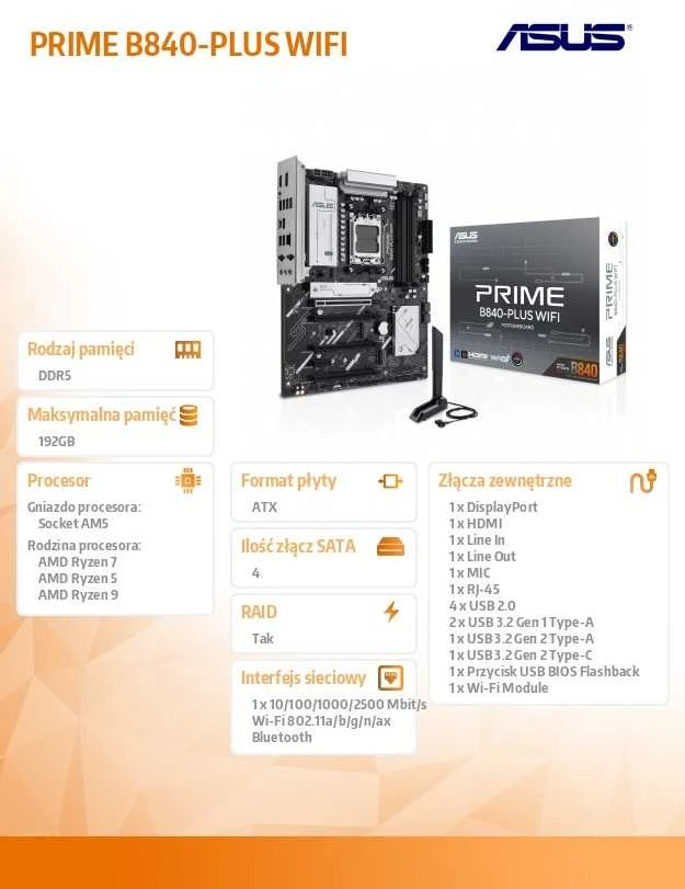 Pagrindinė plokštė ASUS PRIME B840-PLUS WIFI AMD B840 Socket AM5 ATX
