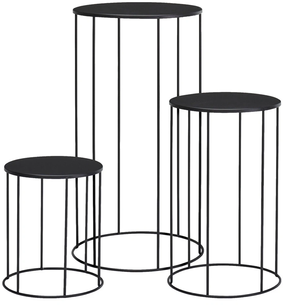 Augalų stovų rinkinys, metalinis, juodas, 16 × 16 × 19 / 18 × 18 × 29 / 21 × 21 × 39 cm, 3 vnt.