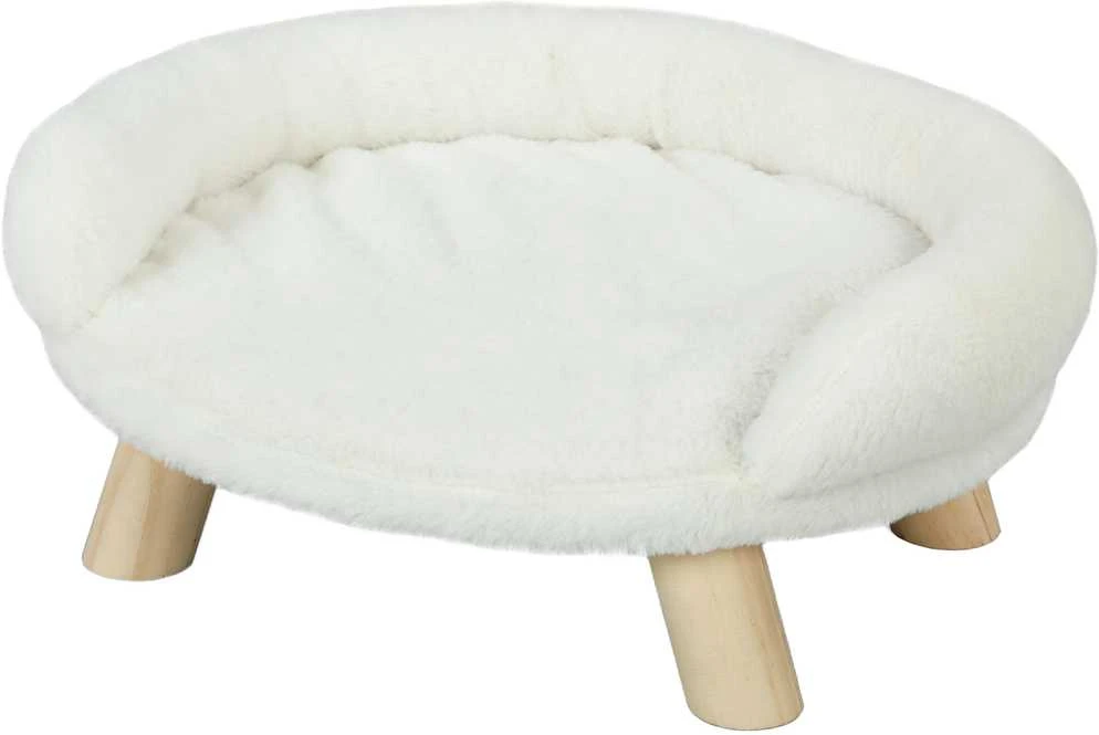 PawHut patogi gyvūnų sofa, paaukštintas dizainas, šunų sofa, kačių sofa, medinės kojelės, flanelė, kreminė, 47x40x20 cm